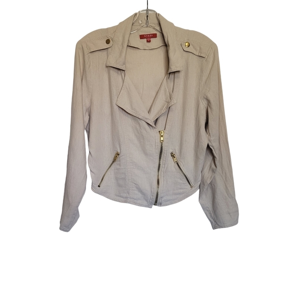 Guess Beige Cream Linen Blend Moto Jacket Zipper Pockets Size Medium